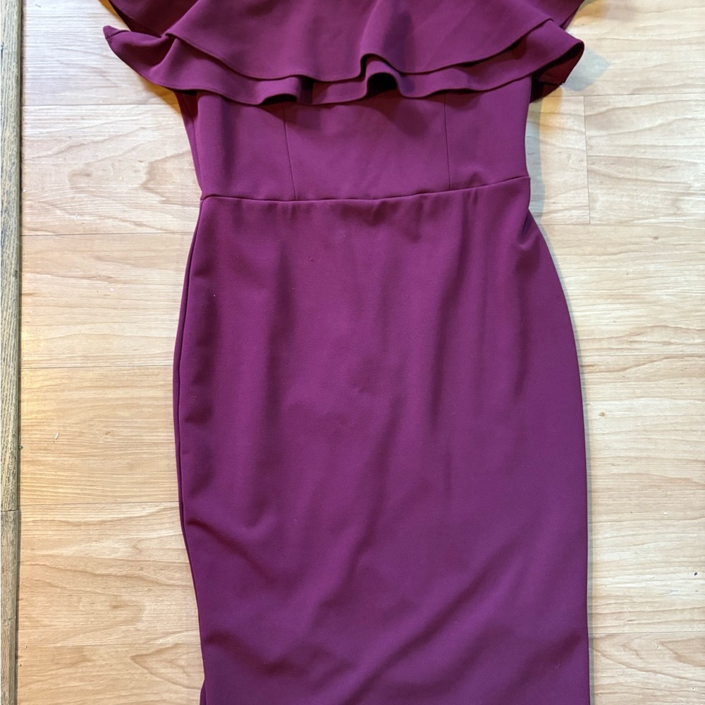 Elegant Wine/Purple Ruffle off the shoulder Dress Le chateau formal wedding